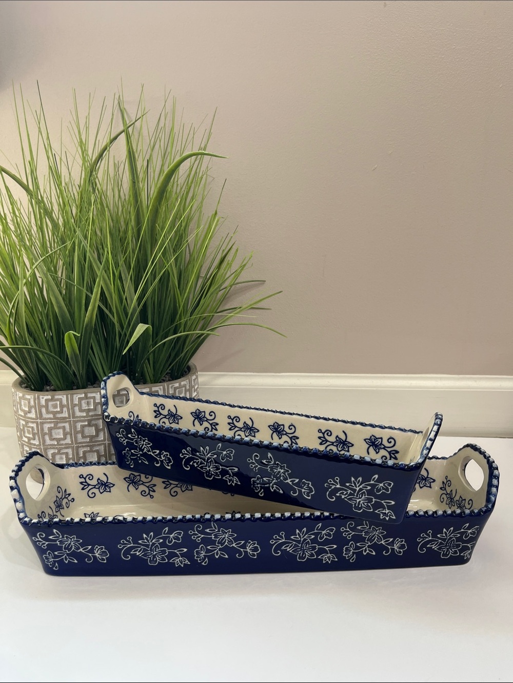 Temptations-Blue and White Floral Ceramic Serving Trays - Set of 2